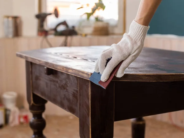 Restoration Old Wooden Table Abrasive Paper — Stock Photo, Image
