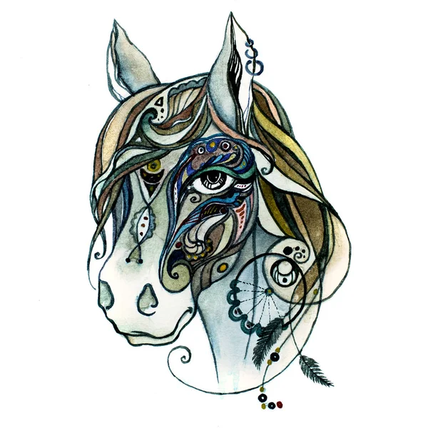 Σχέδιο Πορτρέτο Του Ένα Μαγικό Άλογο Κάνει Νερομπογιά Τεχνική — Φωτογραφία Αρχείου