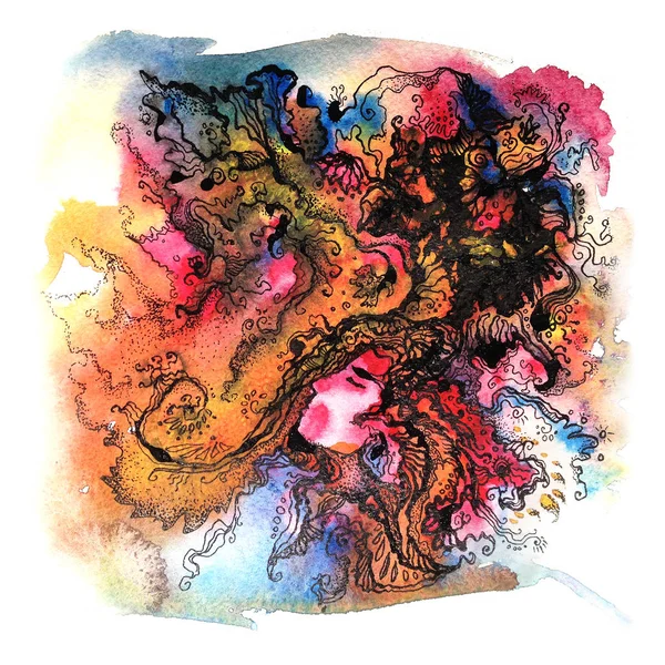 Dessin Abstrait Rêve Magique Chaman Aquarelle Multicolore Encre Visage Homme — Photo