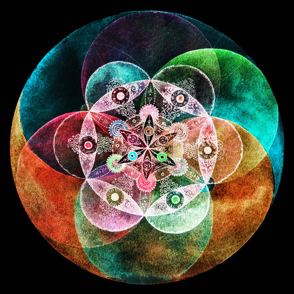 Circular flower mandala. Painted by watercolor.