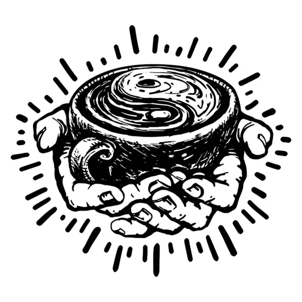 Black and white logo, engraving illustration, hands holding a coffee mug with yin-yang symbol made of foam. The harmony of energy.