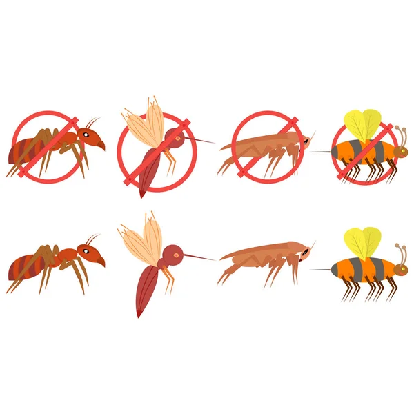 Vetor de pragas de insetos. Mosquito, barata, formiga, vespa, mosquito e praga. ilustração e clipart. Sinal de proibição. — Vetor de Stock