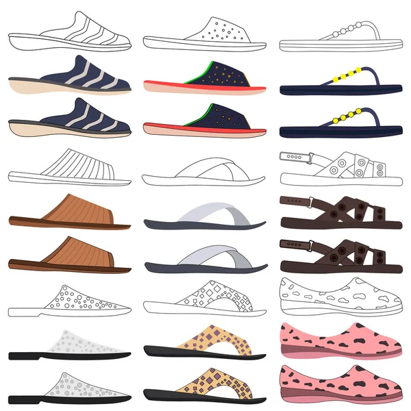 Zapatillas y chanclas icono. Establecer ilustraciones vectoriales. Vista lateral. — Archivo Imágenes Vectoriales