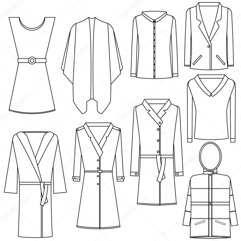 Set female clothing. Women clothes icons. Transparent and outline illustrations. Autumn winter summer spring collection. Isolated vector. Poncho, shirt, bathrobe, jacket, suit, coat.
