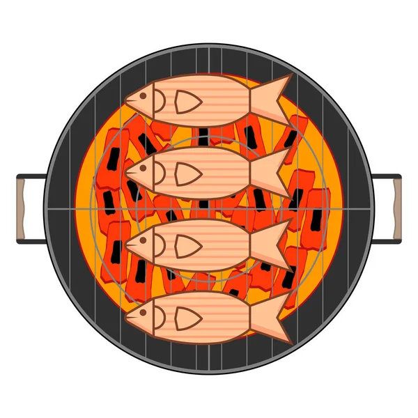 Fried fish on coals in a round grill. Vector illustration on white background. — Stock Vector