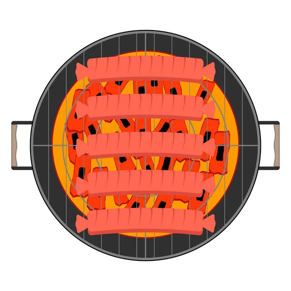 석탄에 튀긴 소시지를 둥근 그릴에 넣고. 흰색 배경에 있는 벡터 그림. — 스톡 벡터