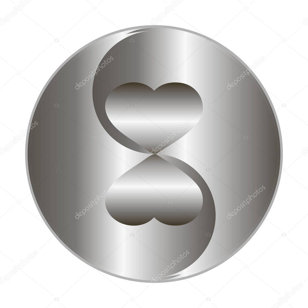 Two metallic hearts together in yin yang symbol. Isolated graphic vector illustration. Abstract circle, geometric badge with metal texture for logo, design concepts, web, interfaces, banners, app.