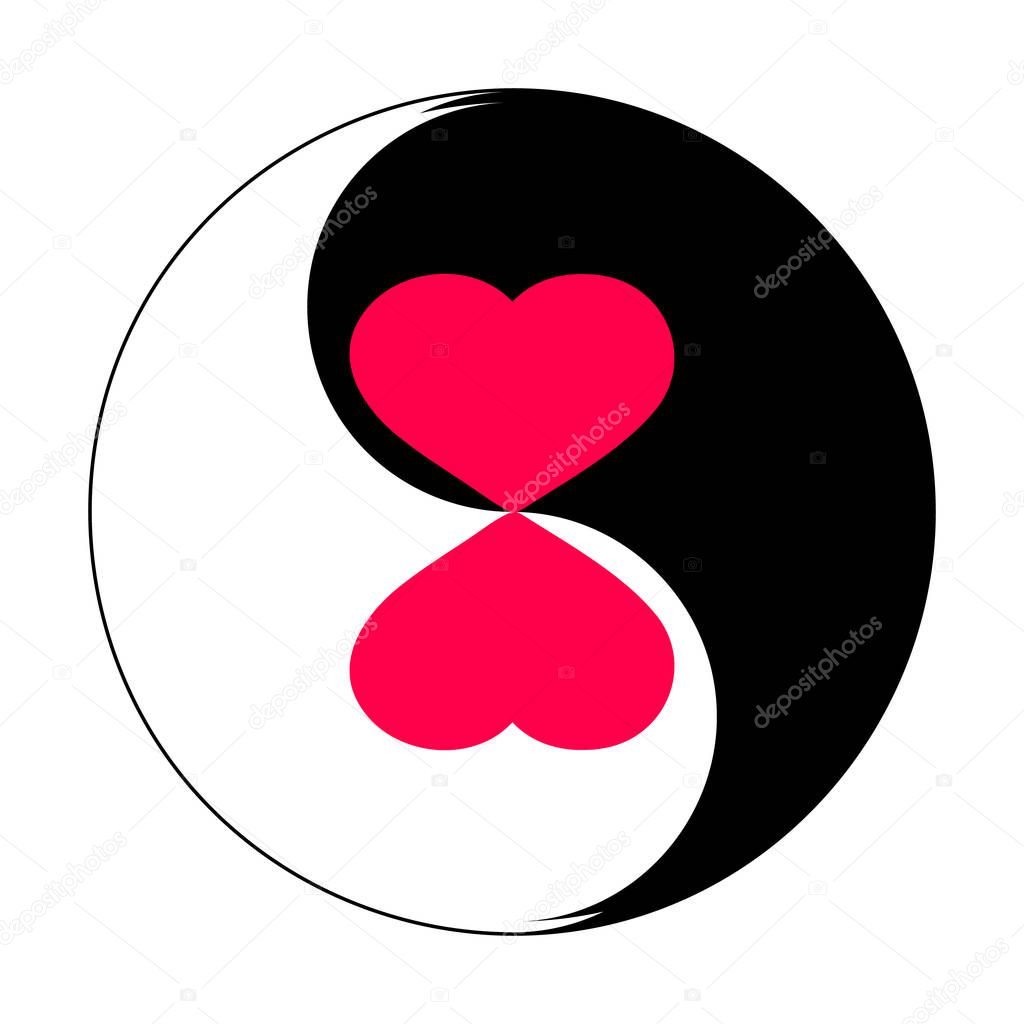 Two red hearts in yin yang symbol. Vector illustration. For congratulations on Valentine's day. And also for printing on postcards, fabrics, towels, pillows, paper and other types of printing. 