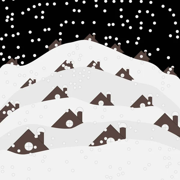 Telhados de casas sob uma espessa camada de neve. Inverno rústico paisagem noturna. Casas cobertas de neve e telhados. Ilustração vetorial gráfica em estilo plano. — Vetor de Stock