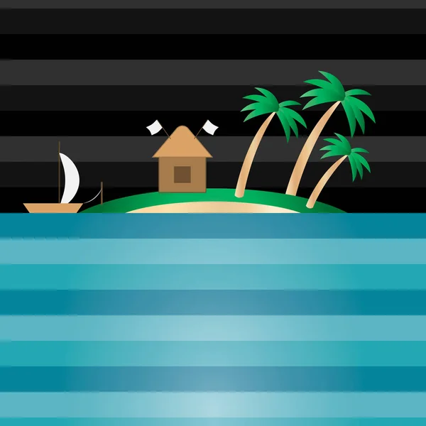 Nocna tropikalna wyspa w oceanie z domami, łodziami i palmami. Relaksujący nocny krajobraz. Łódź z żaglami i chatką. Odpocznij w kurorcie. Ilustracja wektora. Styl płaski. — Wektor stockowy