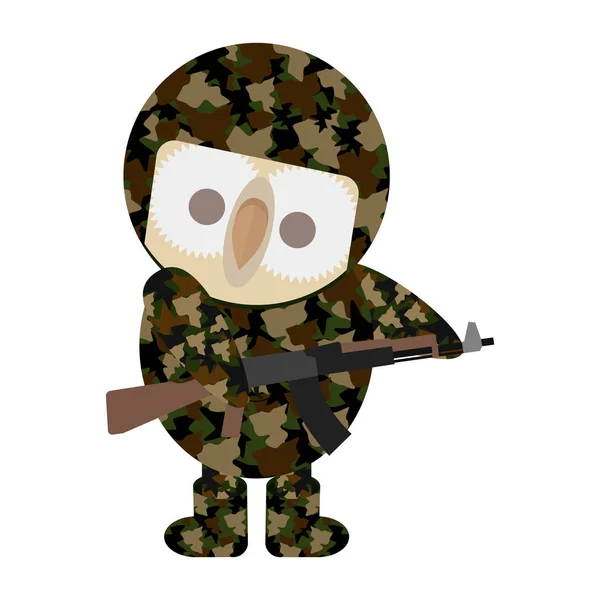 The nestling in camouflage clothes and with a helmet on his head. Bird in military clothes with weapons in their hands. — Stock Vector