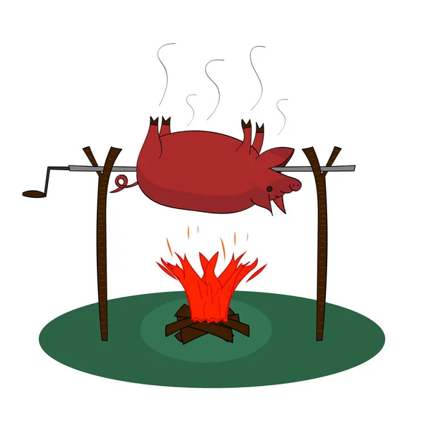 Um porco inteiro está assando sobre um fogo em um rotisserie na fogueira com lenha no fundo branco. Desenho isolado vetor. Ilustração em estilo plano. — Vetor de Stock