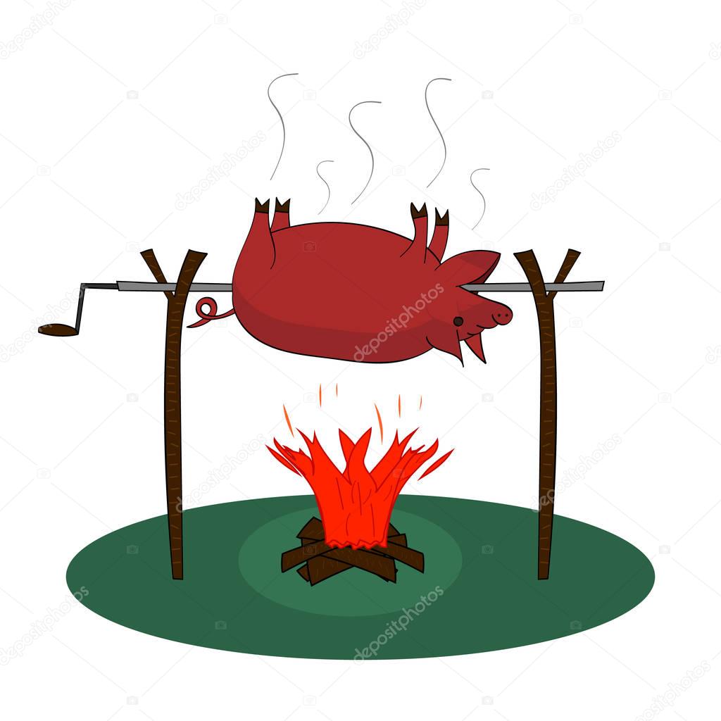 A whole pig is roasting over a fire on a rotisserie on bonfire with firewood on white background. Vector isolated drawing. Illustration in flat style.