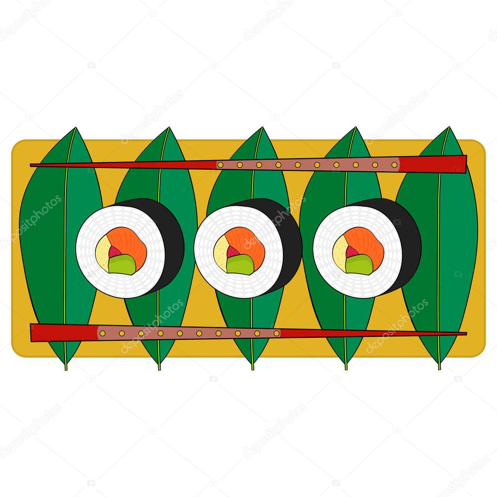 Sushi rolls on a tray with chinese chopsticks and leaves. A Japanese traditional dish of seafood and cooked rice. Oriental cuisine. Vector illustration on white background.