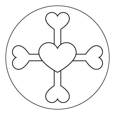 Kalp ve kemik ana hatları ikon. Şeffaf vektör. Yuvarlak bir ikonda kalbi olan kemikler. Düz biçimde izole edilmiş vektör illüstrasyonu.  