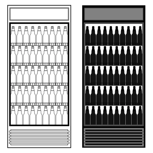 Heladera con botellas de cerveza. Esquema y siluetas botellas de cerveza sobre fondo blanco. Icono de ilustración vectorial gráfico aislado en estilo plano . — Vector de stock