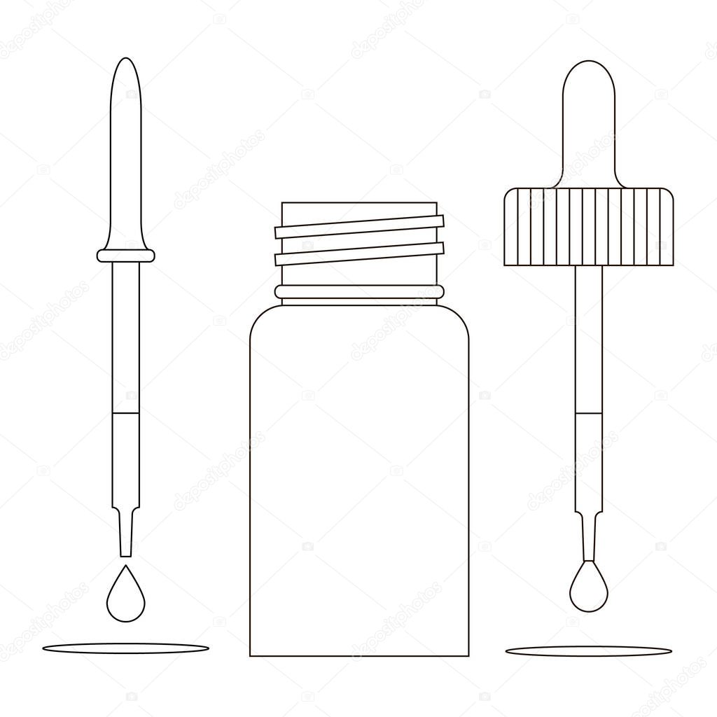 Dropper vial bottle with a pipette, eyedropper and drops. Outline and transparent vector clipart. Illustration on white blank background.
