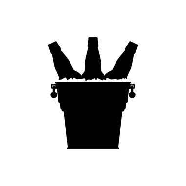 Cam şişeler buz küplü metal kovada bira. Vektör illüstrasyonu, Clipart. Soğuk bira. Siyah siluet.