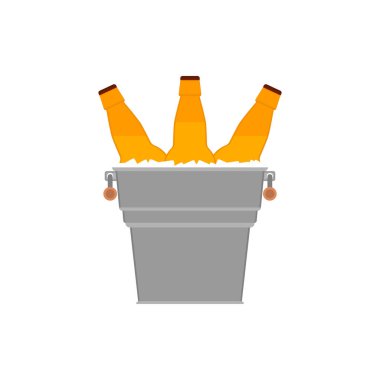 Cam şişeler buz küplü metal kovada bira. Vektör illüstrasyonu, clipart.