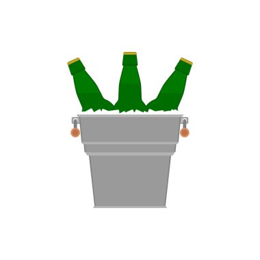 Cam şişeler buz küplü metal kovada bira. Vektör illüstrasyonu, clipart.