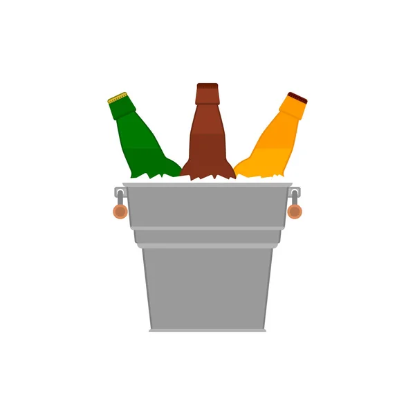 Garrafas de vidro cerveja em um balde de metal com cubos de gelo. Ilustração vetorial, clipart. Verde, amarelo, garrafas marrom cerveja. — Vetor de Stock