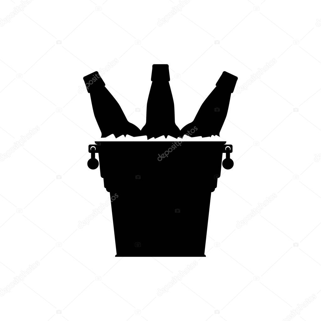 Set black silhouettes beer bottles. Set silhouettes bottles beer. Silhouettes beer bottles in a metal bucket with ice cubes on white backdrop. Cold beer with ice in a metal bucket. Full metal ice bucket.