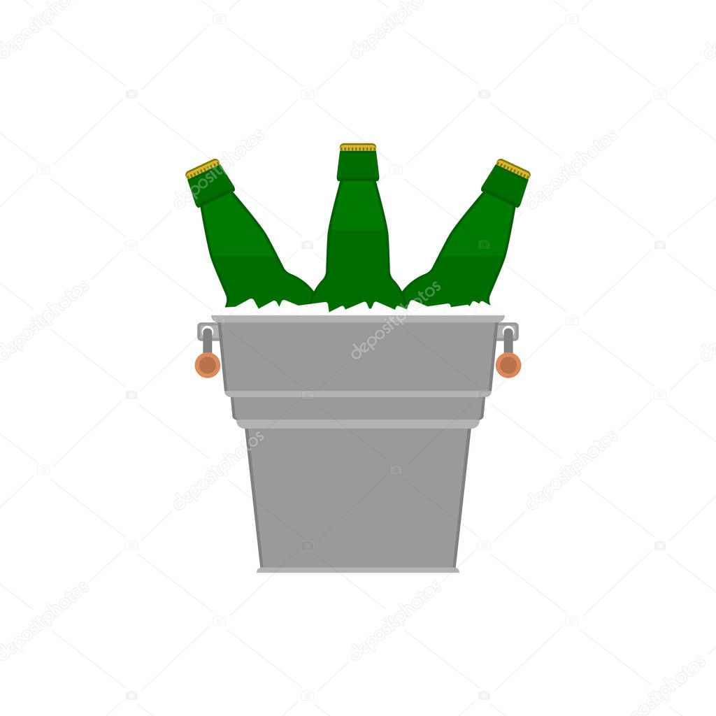 Bottles beer icon. Glass bottles filled with beer in a metal bucket with ice cubes on white background. Light beer in green bottles. Isolated vector flat illustration.