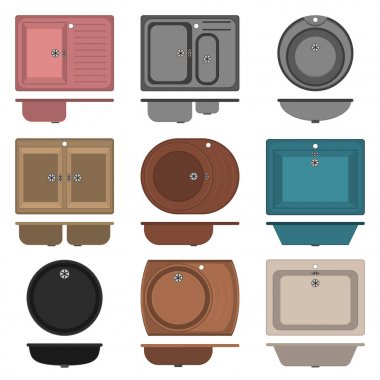 Mutfak ve banyo lavaboları. Vektör çizimi. Set, renkli, parlak yuvarlak, kare, dikdörtgen ve diğer değişik şekillerin koleksiyonu. 