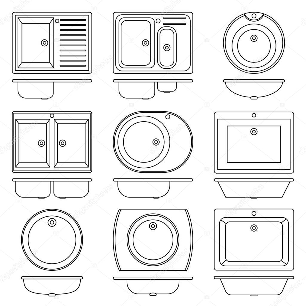 Set, collection kitchen and bathroom sinks. Transparent outline icons.