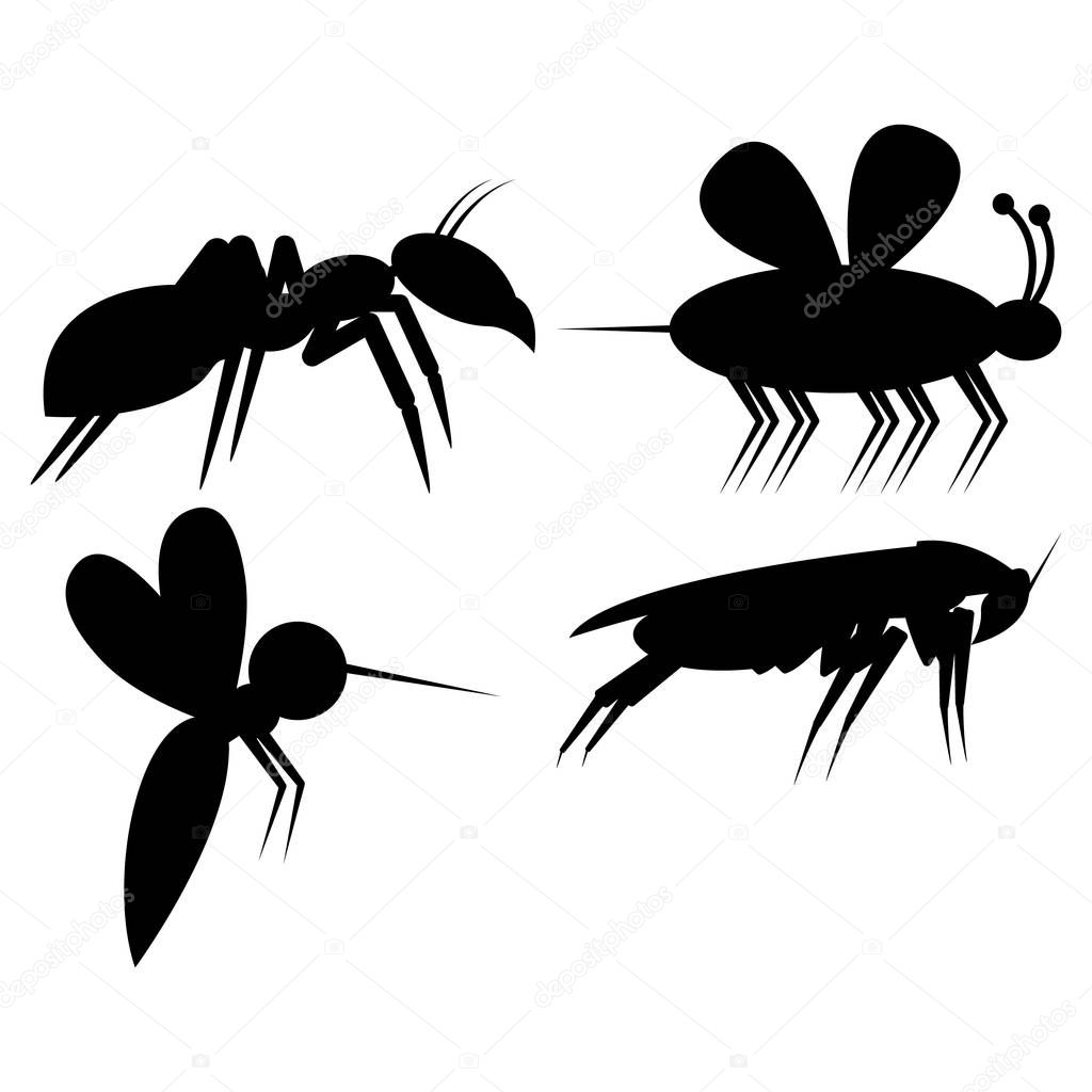 Set of silhouettes insect pests. Vector illustrations of mosquito, bee, cockroach, ant.
