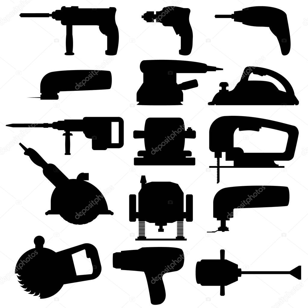 Silhouette black icons of electric power tools for construction and renovation. Collection home and industrial building tools and equipment for repair.  Vector illustration. Set isolated icons.