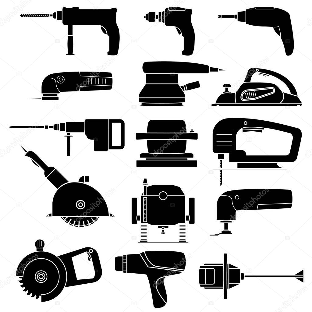 Set electric power tools. Black silhouettes icons of various power tools for carpentry and construction work with transparent elements. Vector isolated illustrations. Including a hammer, saw, drill.