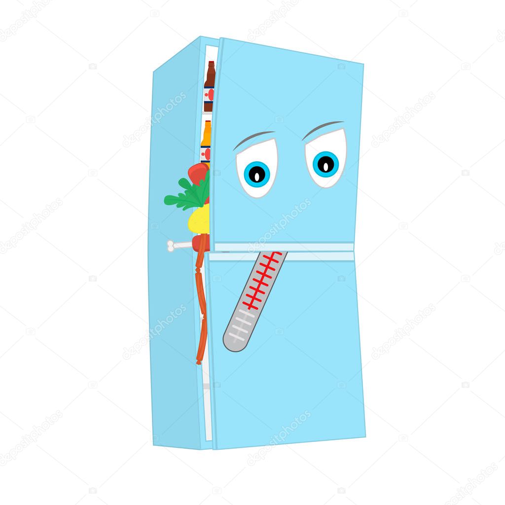 Sad refrigerator filled with food. With a thermometer in the mouth. Animated cartoon character on white background. Isolated graphic vector illustration. 