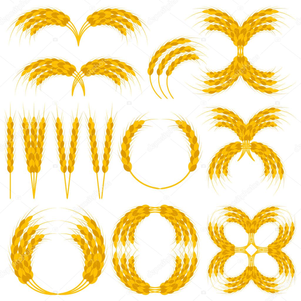 Wheat wreaths and ornament set. Different design and templates. Vector clipart and drawing. Isolated illustrations.