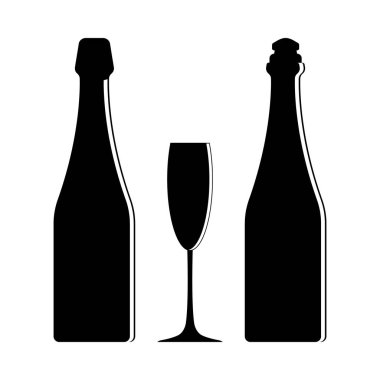 Şarap kadehiyle iki şampanya şişesi silueti. Vektör izole illüstrasyonu.