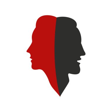 Erkek ve kadın silueti yüz ve baş bir arada. Soyut logo kavramı. Erkek ve kadın. Beyaz arkaplanda vektör illüstrasyonu ve çizimi. 