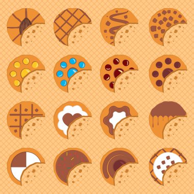 Waffle arka planında kırıntılar olan yuvarlak kurabiyeler. Farklı modeller. Vektör illüstrasyonları.