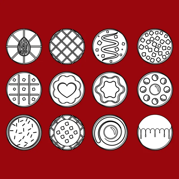 Conjunto Iconos Contorno Redondo Galletas Galletas Con Diferentes Patrones Con — Vector de stock