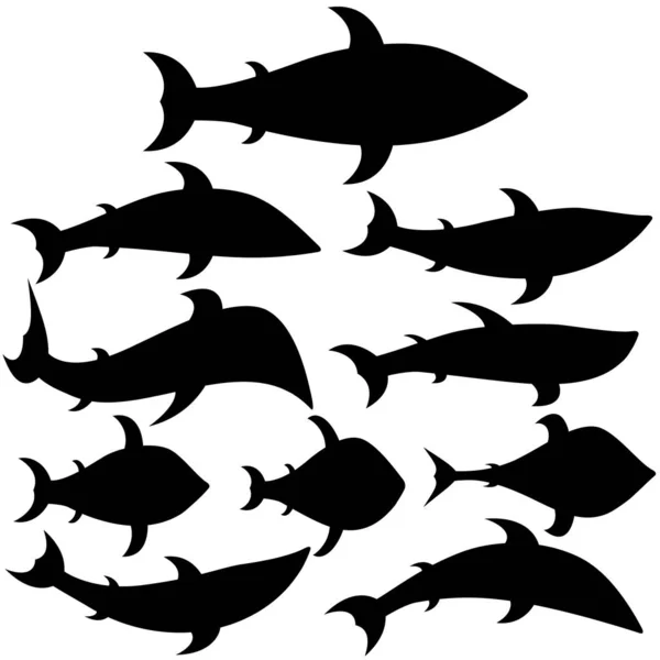 Set Icons Fishes Different Shapes Types Black Silhouettes Vector Illustrations — Stock Vector