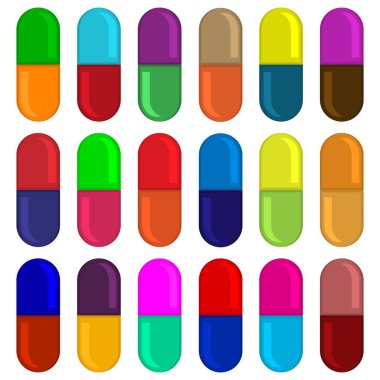 Set, parlak renkli kapsüller, iki yarısı olan haplar. Vitaminler için ikonlar. Tıbbi ve eczane. Dikey şekil. Beyaz arkaplanda vektör izole çizimleri. 