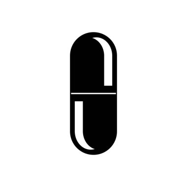 Tıbbi dikey kapsülün siyah silueti, haplar. Grafik elipsi şekilli kapsül, beyaz arkaplanda iki yarım var. Vektör izole çizim. Resim grafik simgeleri.