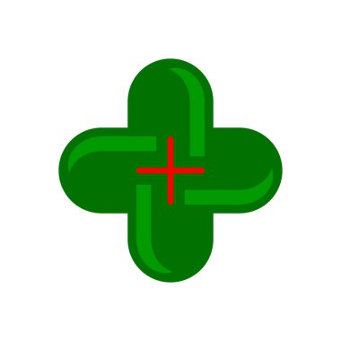 İçinde kırmızı haç olan yeşil haç logosu. Eczane ve ilaç için elementler. Tıbbi ikon ve sağlık hizmeti logosu. Vektör çizimi. Beyaz arkaplanda izole.
