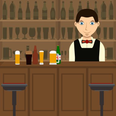İçinde barmen ve bar tezgahı olan bira barı. Bira bardakları, şişeleri ve alkollü içkileri olan bir barmen. Bar, kafe ya da bar. Bar tezgahı, sandalyeler ve içki şişeli raflar.. 