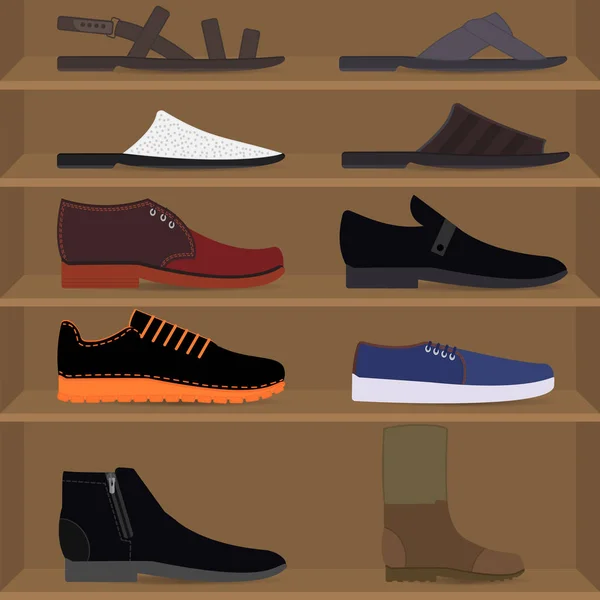 Zapatos Hombre Los Estantes Vista Lateral Set Con Diferentes Tipos — Vector de stock