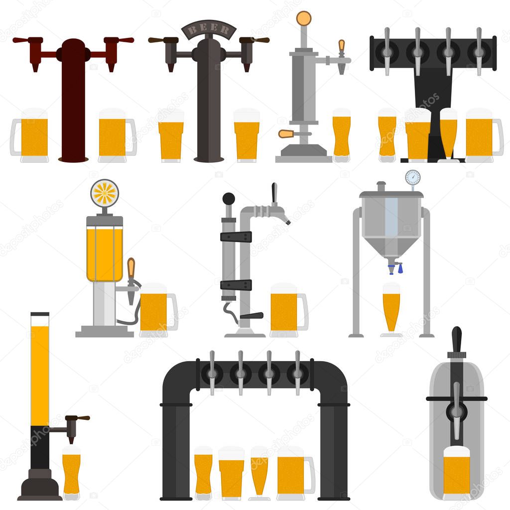 Set of beer equipment for bar including beer pump, dispenser with tap and handle and with set full glass beer mugs with foam. Pouring in beer glasses. Vector drawing. Illustration isolated flat icons.