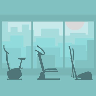 Spor malzemeleriyle jimnastik salonu. Fitness Merkezi 'nin iç odası. İkonların siluetlerini ayarlayın egzersiz bisikleti, stepper, eliptik spor ayakkabıları. İçerideki spor kulübü düz stil.. 