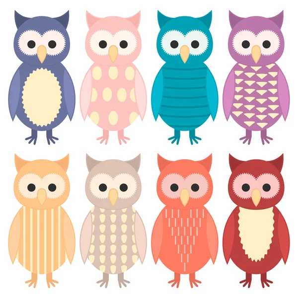 Set Bright Cute Colorful Nestlings Owl Different Clothes Suits Owlets — Stock Vector