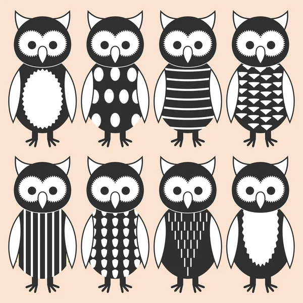 Set Cute Nestlings Owl Different Clothes Suits Owlets Different Patterns — Stock Vector