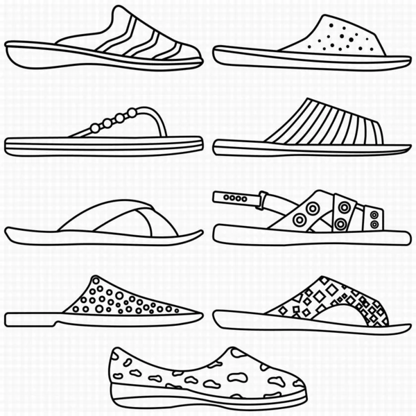 Set Colección Iconos Contorno Transparente Zapatillas Masculinas Femeninas Sandalias Chanclas — Archivo Imágenes Vectoriales