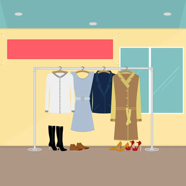 Damenbekleidung Und Schuhe Auf Einem Kleiderbügel Einem Geschäft Großes Banner — Stockvektor